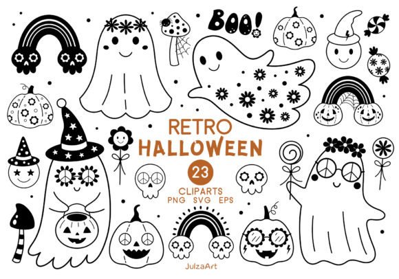 Download Black Groovy Retro Halloween Clipart - Retro halloween Collection